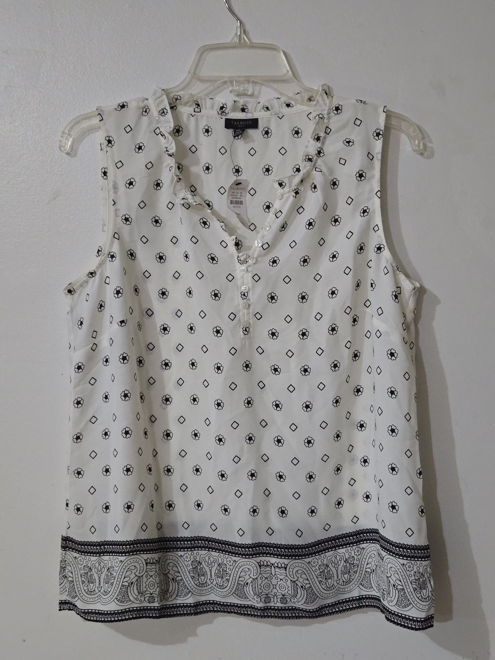 Talbots White Sleeveless Printed Ruffle-Neck Shell PM